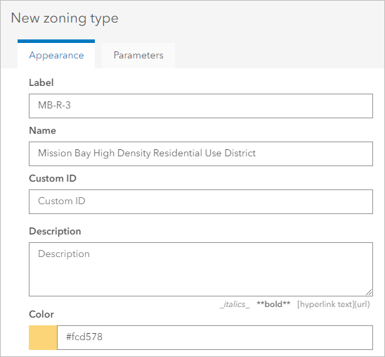 New zoning type appearance parameters