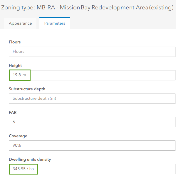 Height and dwelling units density parameters