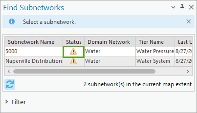 Warning icon in the Status column in the Find Subnetworks pane