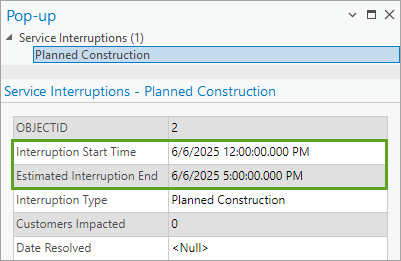 Interruption dates in the pop-up