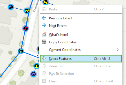 Select Features option in the map's context menu