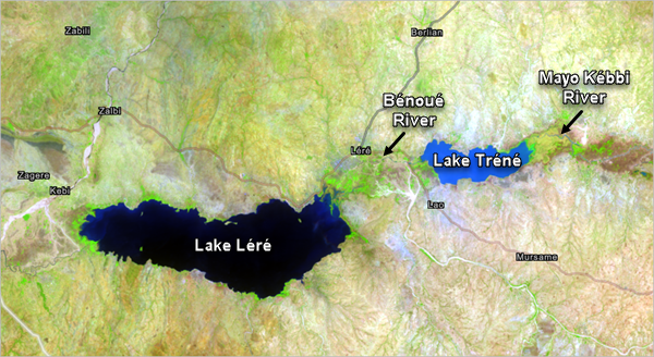 Map showing Lake Léré, Lake Tréné, Mayo Kébbi and Bénoué river.