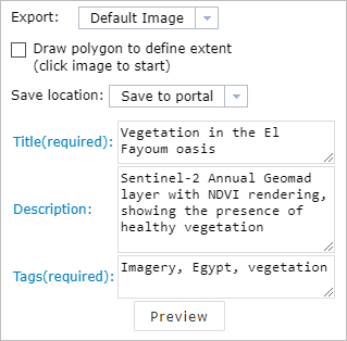 Image Export window to save an imagery layer online