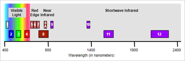 The 13 Sentinel-2 spectral bands on the electromagnetic spectrum