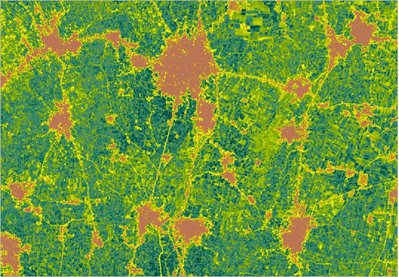 Towns and villages between the vegetated areas