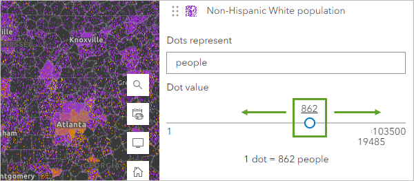 Adjust the dot value to show more or less people per dot.