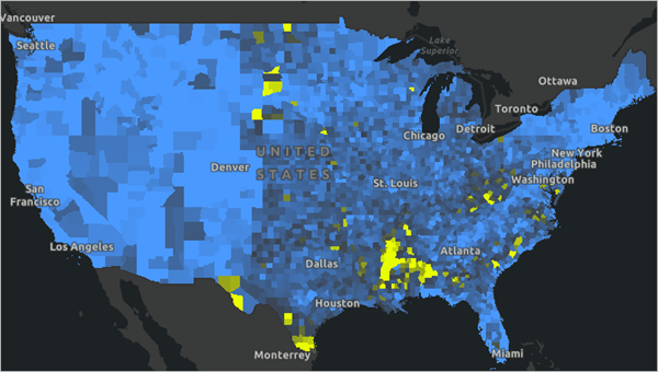 Map symbolized blue to yellow