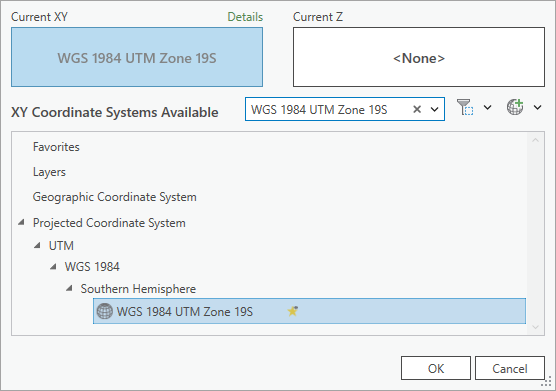 Coordinate System window with WGS 1984 UTM Zone 19S selected