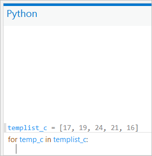 Prompt after a for loop code is entered in the Python window.