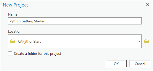 Create a New Project window with the Create a new folder for this project option unchecked