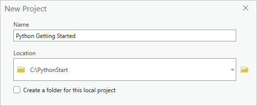 Create a New Project window with the Create a new folder for this project option unchecked