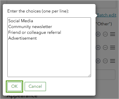 OK button for the Enter the choices window