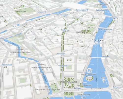 Scene showing Zurich's city center with the 3D basemap