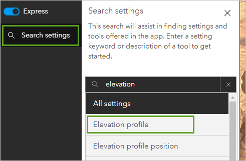 Search settings with Elevation profile selected in suggestions