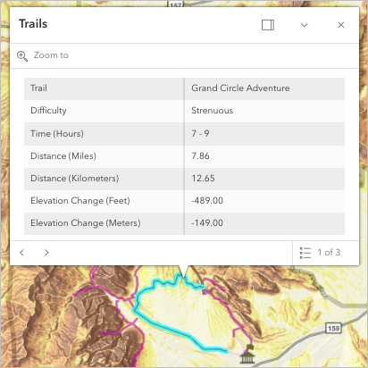 Grand Circle Adventure trail on the map and its pop-up