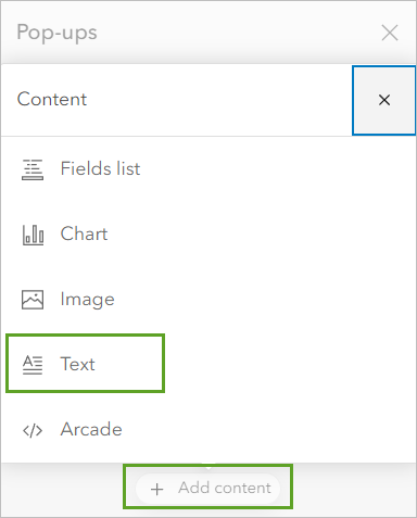 Text on the Add content menu in the Pop-ups pane