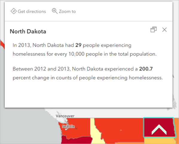 Pop-up for North Dakota describing 200.73 percent change in homeless counts