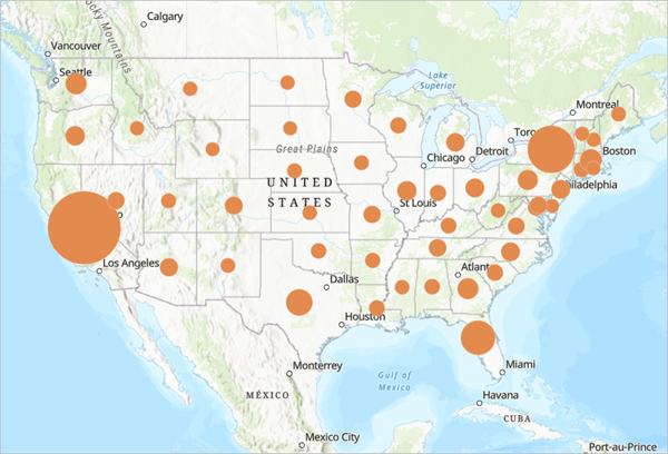 Map symbolized with orange circles using Counts and Amounts (Size)