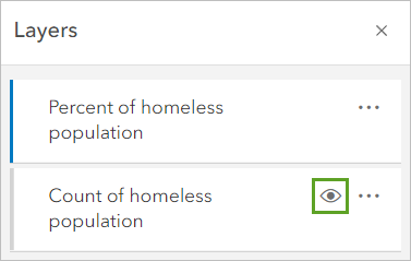 Hide layer button for the Count of homeless population layer