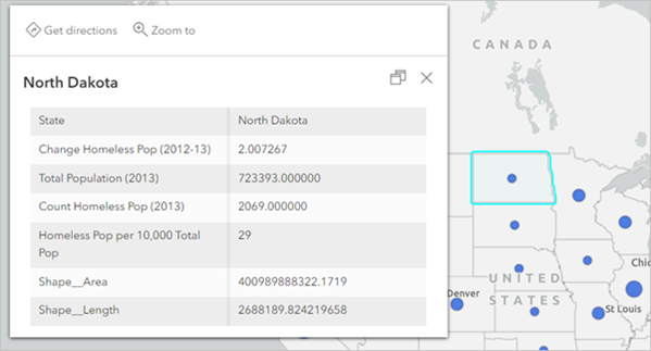 Pop-up for North Dakota showing all attributes