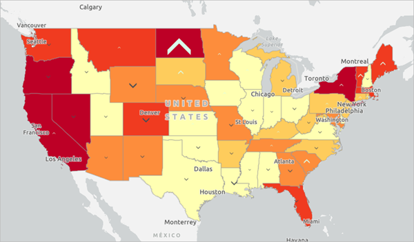 Map with yellow to red color scheme for homeless population percentage and green and gray arrows for homeless population change between 2012 and 2013.