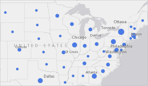 Part of the map with blue circles in each state and a light gray basemap