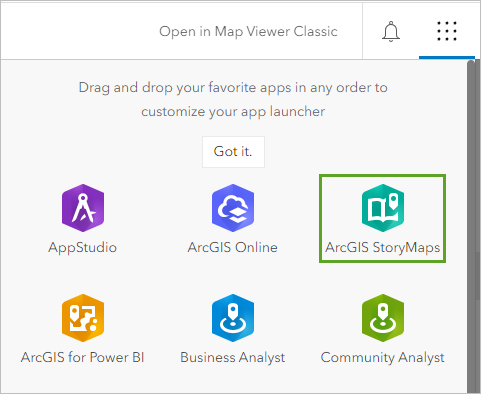 Open StoryMaps from the App Launcher.