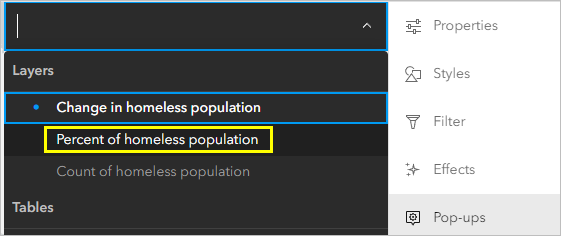 Active layer in Pop-ups pane set to Percent of homeless population