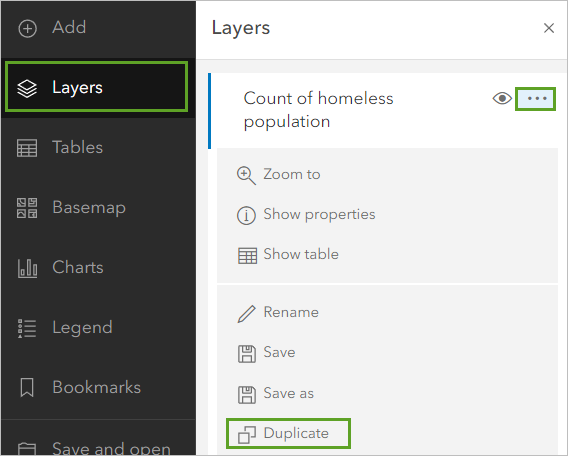 Duplicate on the Options menu for the Count of homeless population layer