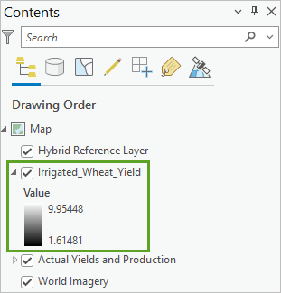 The Irrigated_Wheat_Yield raster is added to the Contents pane.