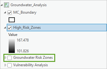 Check box for the groundwater vulnerability group layer