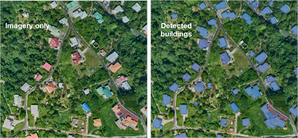 Comparison of buildings in imagery and detected buildings