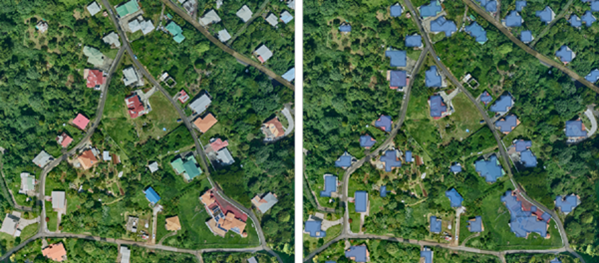 Comparison of the buildings in the imagery and the buildings that were detected using deep learning.