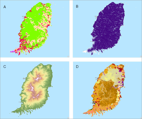 The four raster layers for the landslide susceptibility analysis