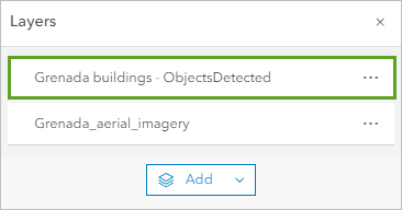 Grenada buildings - ObjectsDetected layer listed in the Layers pane.