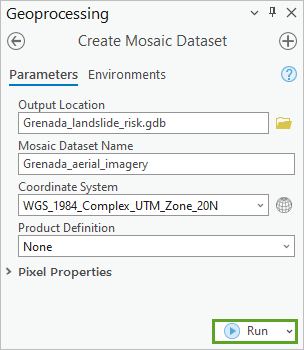 Run button for Create Mosaic Dataset tool