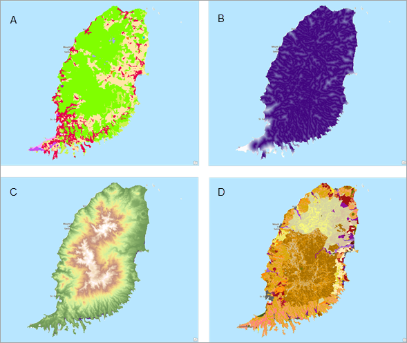 Four input rasters for the susceptibility analysis