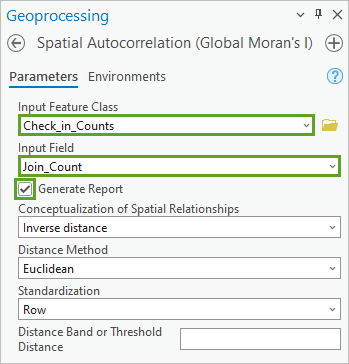 Parameters for the Spatial Autocorrelation (Global Moran's I) tool