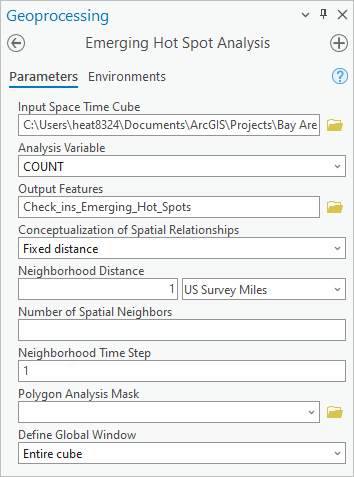 Parameters for the Emerging Hot Spot Analysis tool