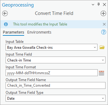 Parameters for the Convert Time Field tool