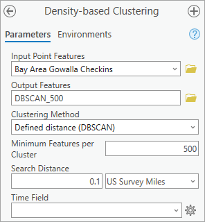 Parameters for the Density-based Clustering tool using the DBSCAN method
