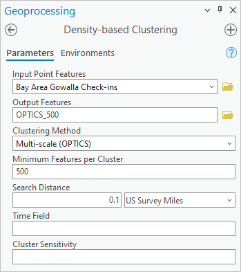 Parameters for the Density-based Clustering tool using the HDBSCAN method