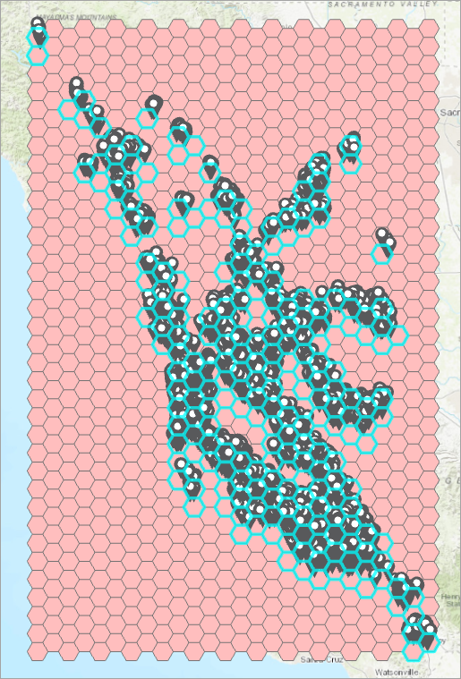 Map showing selected hexagon bins