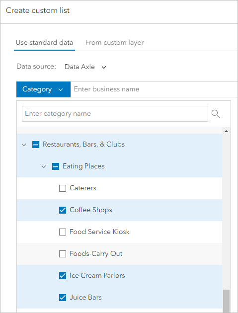 Potential competitor businesses selected