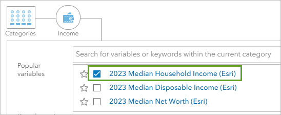 Select the 2023 Median Household Income (Esri) variable.