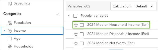 Select the 2023 Median Household Income (Esri) variable.