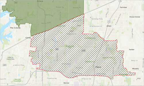 Dashed polygon representing Plano city boundary