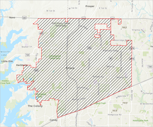 Boundary of Frisco, Texas, in map