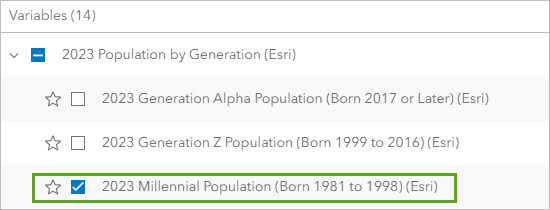Select the 2023 Millennial Population (Born 1981 to 1998) (Esri) variable.