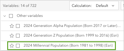 Select the 2023 Millennial Population (Born 1981 to 1998) (Esri) variable.